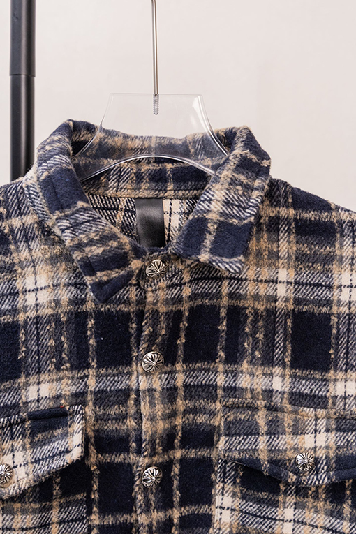 クロムハーツスーパーコピー クラシックなチェック柄レザーラベル刺繍りウール長袖シャツ