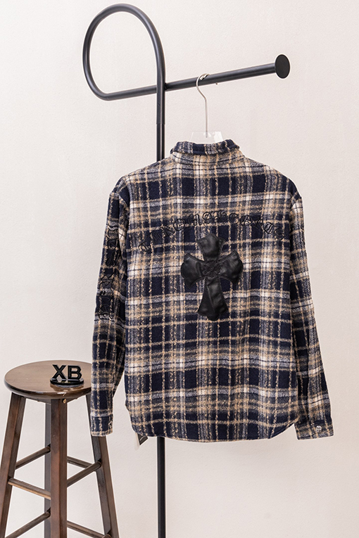 クロムハーツスーパーコピー クラシックなチェック柄レザーラベル刺繍りウール長袖シャツ