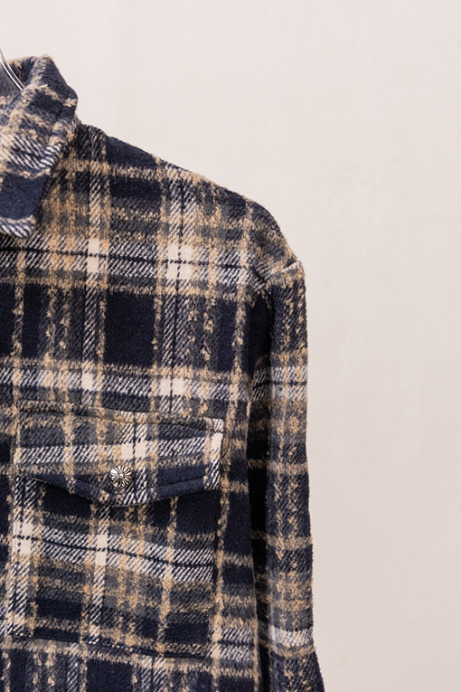 クロムハーツスーパーコピー クラシックなチェック柄レザーラベル刺繍りウール長袖シャツ