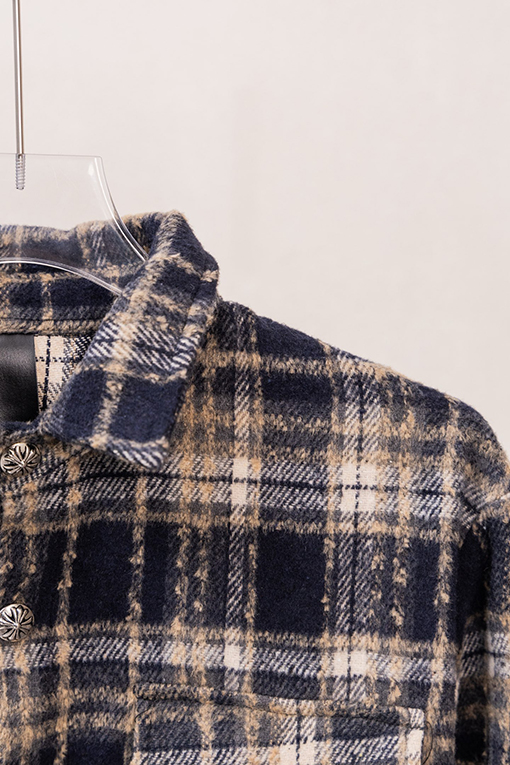 クロムハーツスーパーコピー クラシックなチェック柄レザーラベル刺繍りウール長袖シャツ