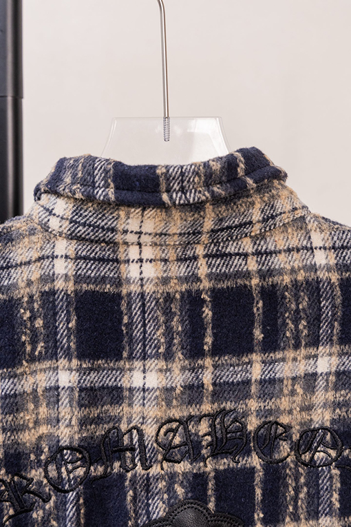 クロムハーツスーパーコピー クラシックなチェック柄レザーラベル刺繍りウール長袖シャツ