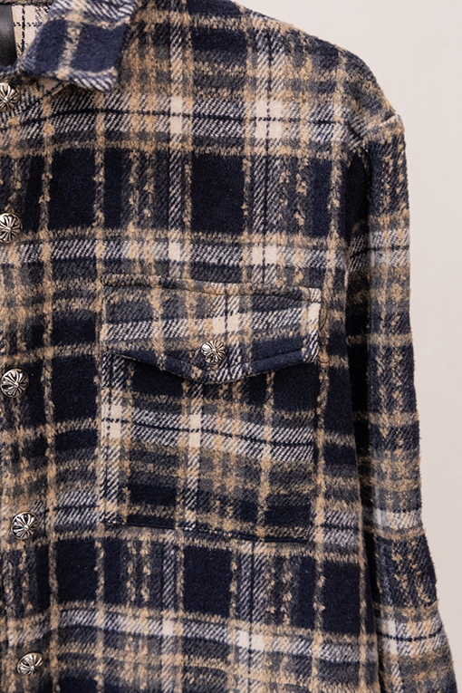 クロムハーツスーパーコピー クラシックなチェック柄レザーラベル刺繍りウール長袖シャツ