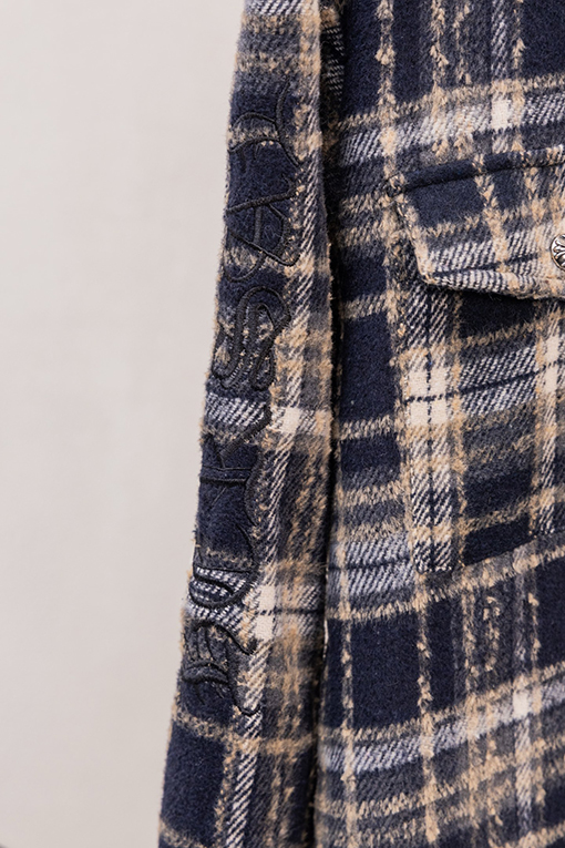 クロムハーツスーパーコピー クラシックなチェック柄レザーラベル刺繍りウール長袖シャツ