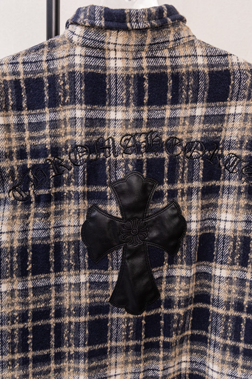 クロムハーツスーパーコピー クラシックなチェック柄レザーラベル刺繍りウール長袖シャツ