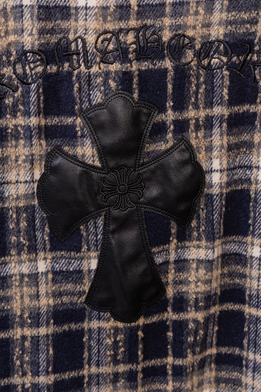 クロムハーツスーパーコピー クラシックなチェック柄レザーラベル刺繍りウール長袖シャツ