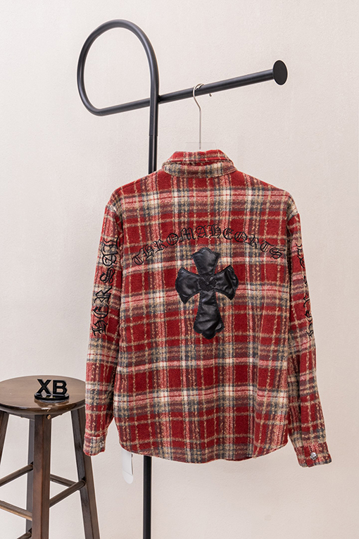 クロムハーツスーパーコピー クラシックなチェック柄レザーラベル刺繍りウール長袖シャツ
