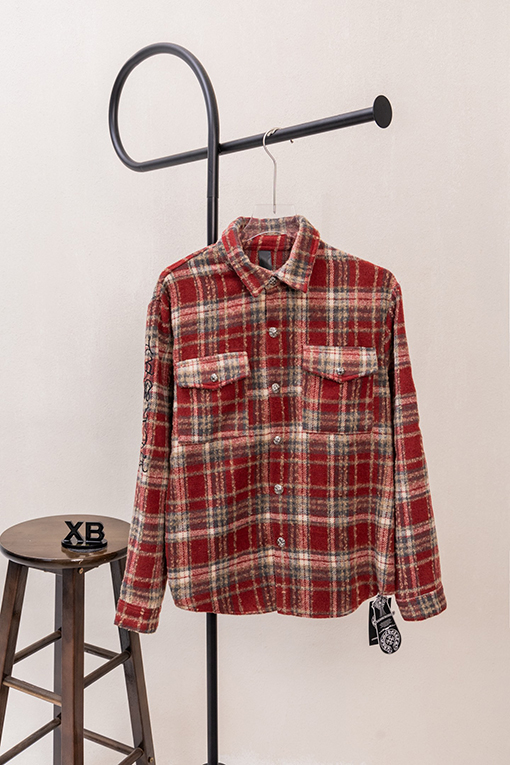 クロムハーツスーパーコピー クラシックなチェック柄レザーラベル刺繍りウール長袖シャツ