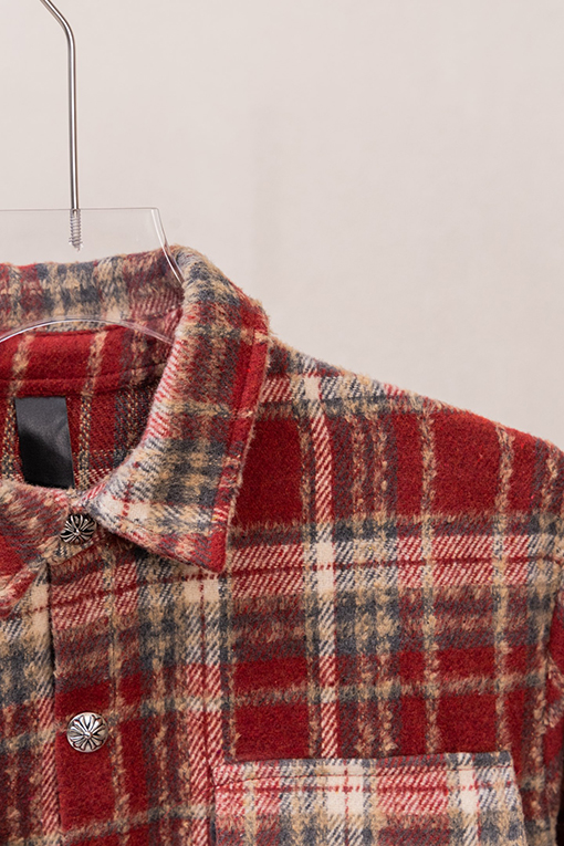 クロムハーツスーパーコピー クラシックなチェック柄レザーラベル刺繍りウール長袖シャツ