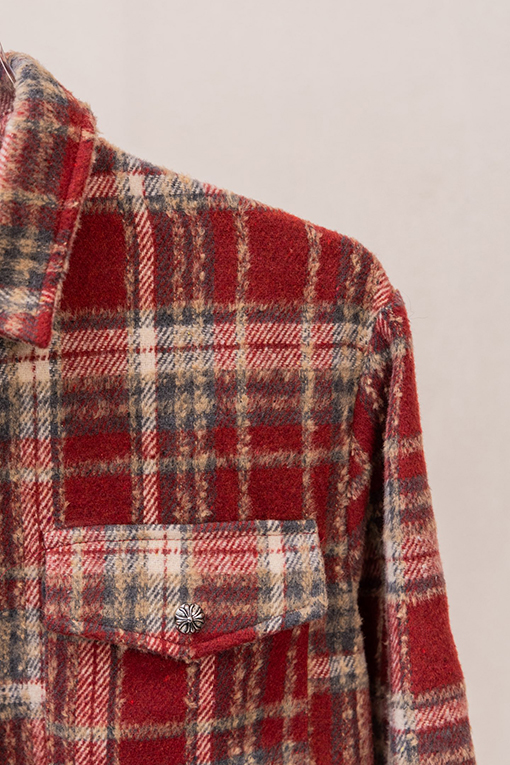 クロムハーツスーパーコピー クラシックなチェック柄レザーラベル刺繍りウール長袖シャツ