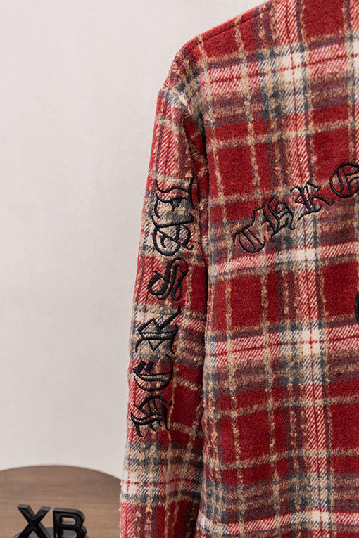 クロムハーツスーパーコピー クラシックなチェック柄レザーラベル刺繍りウール長袖シャツ