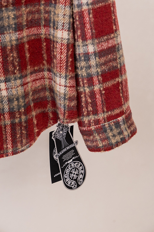 クロムハーツスーパーコピー クラシックなチェック柄レザーラベル刺繍りウール長袖シャツ