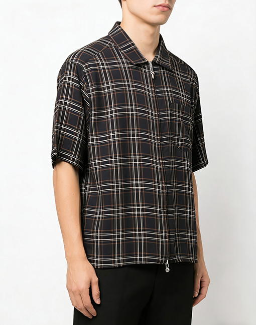クロムハーツスーパーコピー カラーブロックチェック柄のジップアップ半袖襟付きシャツ