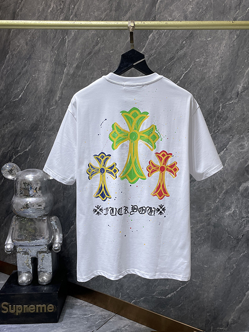 クロムハーツコピー カラフルなクロスとサンスクリット語の手描きグラフィティがプリントされた半袖Tシャツ