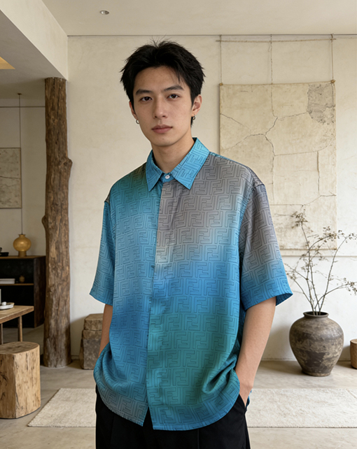 フェンディ グラデーション柄ジャカード織りの半袖シャツ