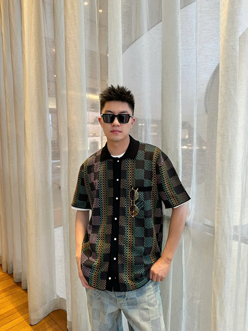 ルイヴィトンコピー チェック柄ジャカードニット半袖ポロシャツ