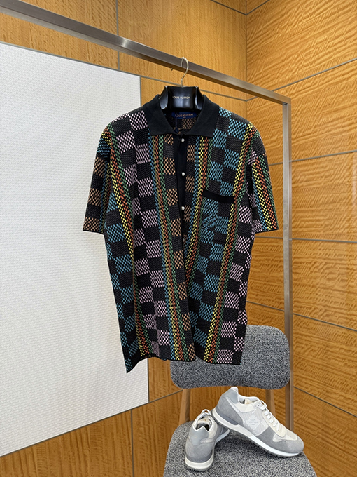 ルイヴィトンコピー チェック柄ジャカードニット半袖ポロシャツ