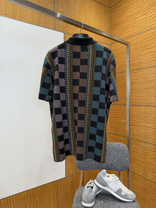 ルイヴィトンコピー チェック柄ジャカードニット半袖ポロシャツ