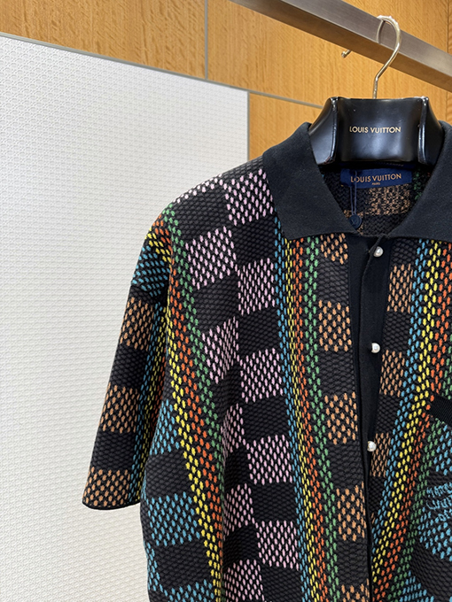 ルイヴィトンコピー チェック柄ジャカードニット半袖ポロシャツ