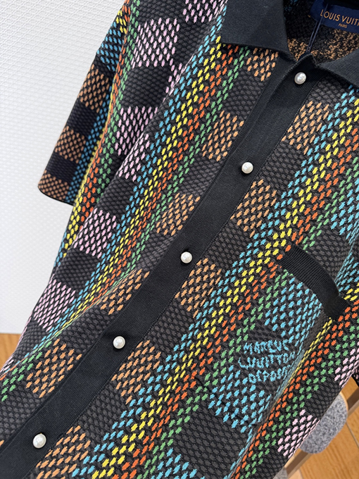 ルイヴィトンコピー チェック柄ジャカードニット半袖ポロシャツ
