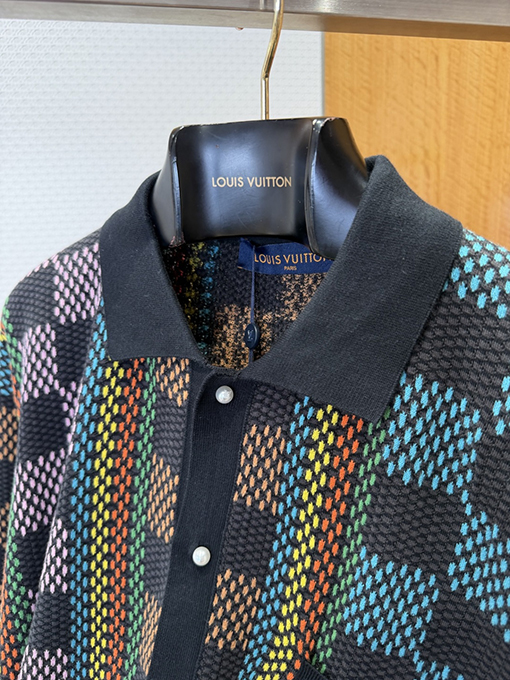 ルイヴィトンコピー チェック柄ジャカードニット半袖ポロシャツ