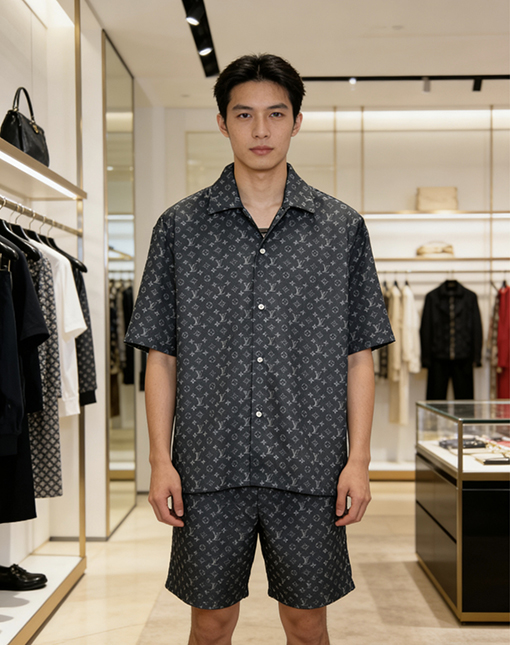 ルイヴィトンコピー 総柄ジャカード織りの半袖シャツとショートパンツのセット