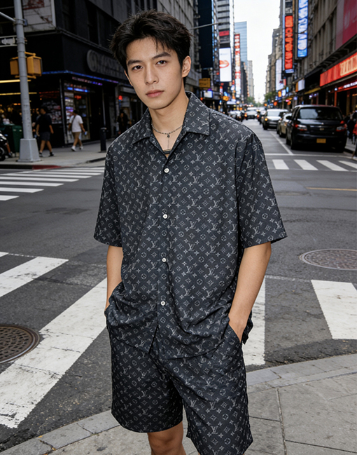 ルイヴィトンコピー 総柄ジャカード織りの半袖シャツとショートパンツのセット