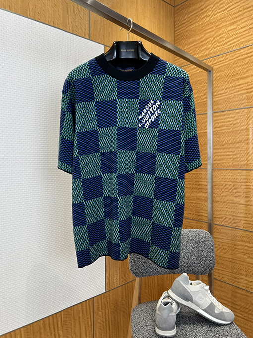 ルイヴィトン クラシックなチェッカーボードのジャカードニット半袖Tシャツ
