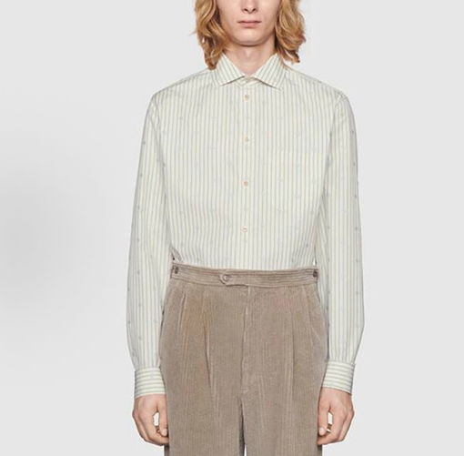 グッチスーパーコピー ストライプ柄の総柄ロゴ入り長袖襟付きシャツ