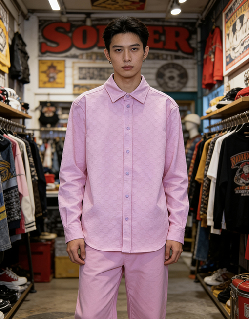 グッチ 全面プリントのジャカード織り長袖襟付きシャツとパンツのスーツ