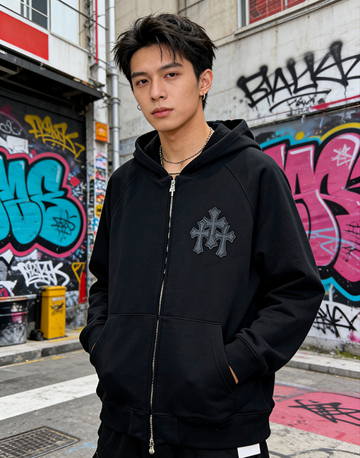 クロムハーツ クロス柄のフード付きジップアップスウェットジャケット