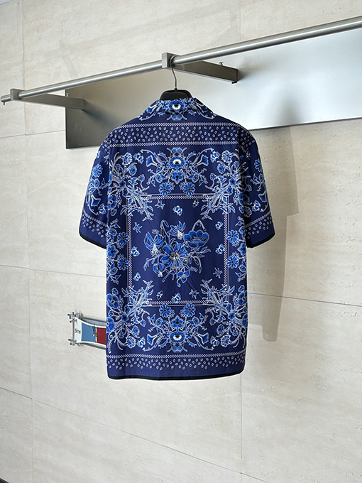 グッチブランドコピー ブルーのペイズリー柄キューバンカラーカシュー花柄プリント半袖シャツ