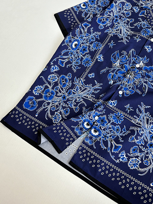 グッチブランドコピー ブルーのペイズリー柄キューバンカラーカシュー花柄プリント半袖シャツ