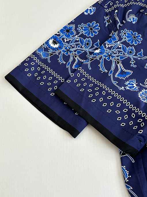 グッチブランドコピー ブルーのペイズリー柄キューバンカラーカシュー花柄プリント半袖シャツ