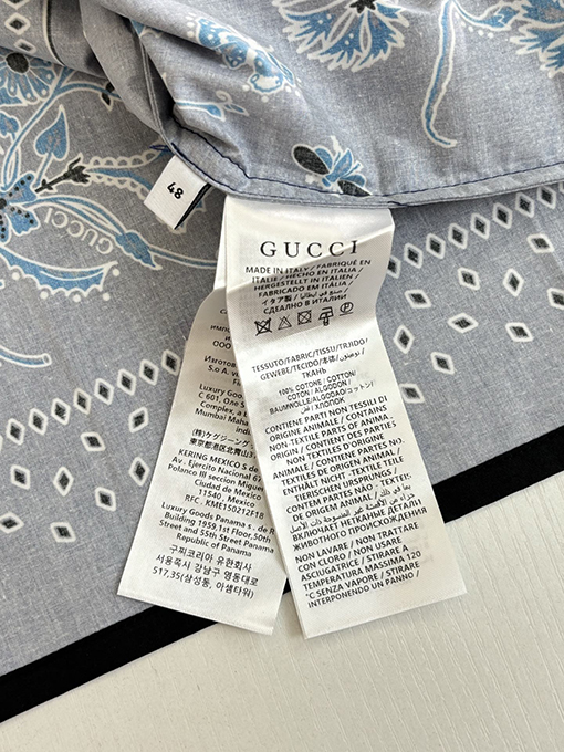 グッチブランドコピー ブルーのペイズリー柄キューバンカラーカシュー花柄プリント半袖シャツ