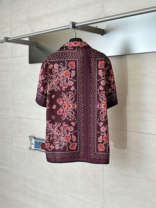 グッチブランドコピー ブルーのペイズリー柄キューバンカラーカシュー花柄プリント半袖シャツ