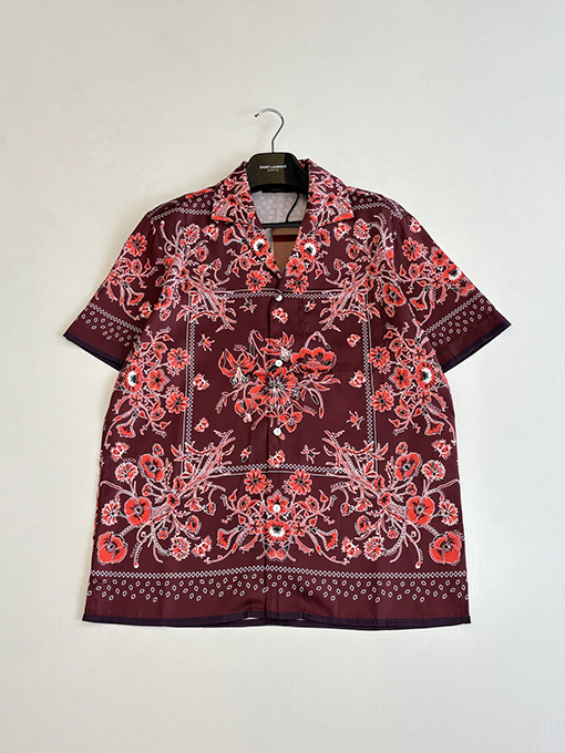 グッチブランドコピー ブルーのペイズリー柄キューバンカラーカシュー花柄プリント半袖シャツ