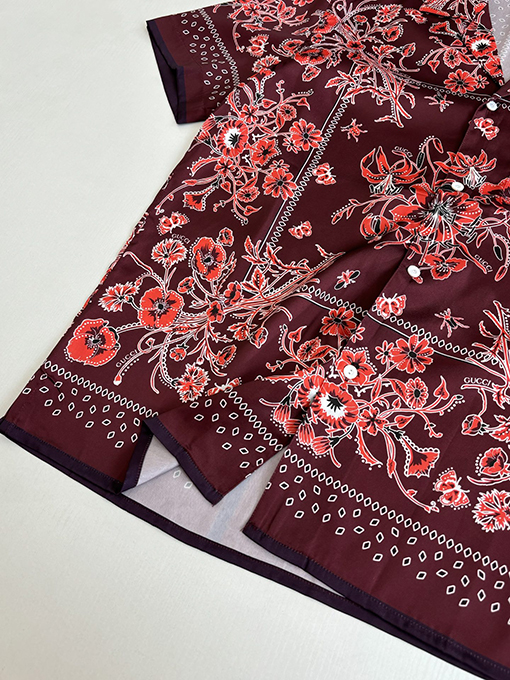 グッチブランドコピー ブルーのペイズリー柄キューバンカラーカシュー花柄プリント半袖シャツ