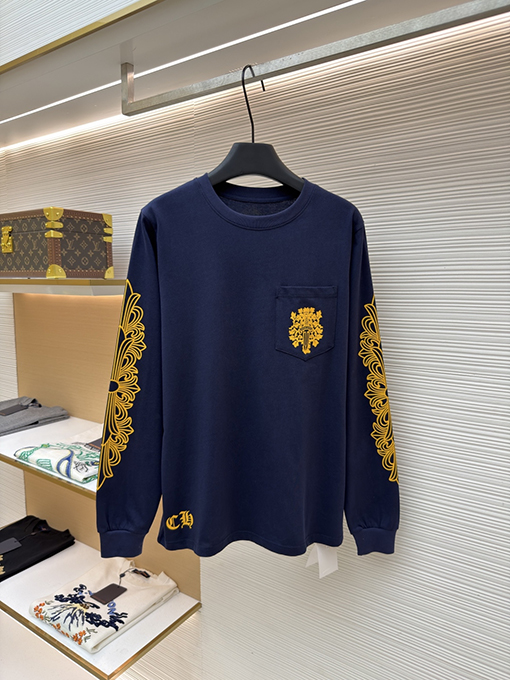 クロムハーツ 背中に黄色の蔓の剣の紺色の長袖シャツ