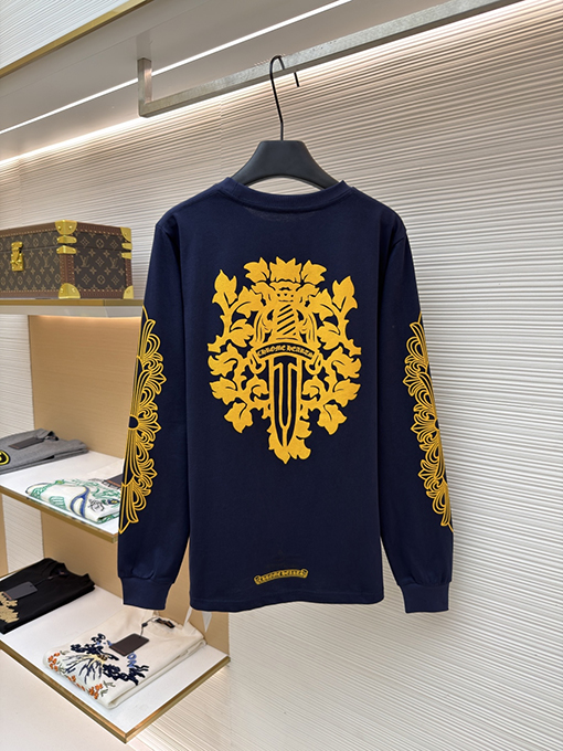 クロムハーツ 背中に黄色の蔓の剣の紺色の長袖シャツ