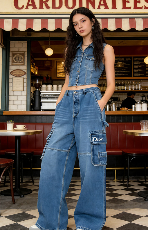 ディオールブランドコピー DIOR 刺繍の大きなポケット付きりワイドレッグカーゴジーンズ