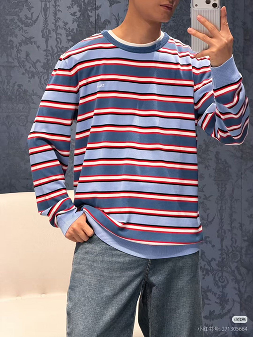 ディオールスーパーコピー DIOR 刺繍ロゴ入り、カラーブロックストライプ柄ニットクルーネック長袖シャツ