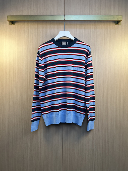 ディオールスーパーコピー DIOR 刺繍ロゴ入り、カラーブロックストライプ柄ニットクルーネック長袖シャツ