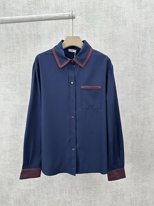 シャネルスーパーコピー 春夏レディースプレビューコレクションカラーブロックボタン付きシルクコットンプリント長袖シャツ