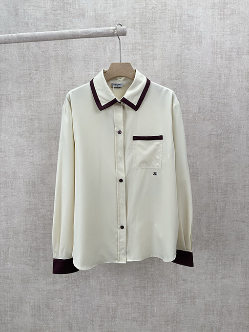 シャネルスーパーコピー 春夏レディースプレビューコレクションカラーブロックボタン付きシルクコットンプリント長袖シャツ