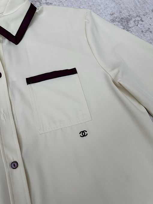 シャネルスーパーコピー 春夏レディースプレビューコレクションカラーブロックボタン付きシルクコットンプリント長袖シャツ