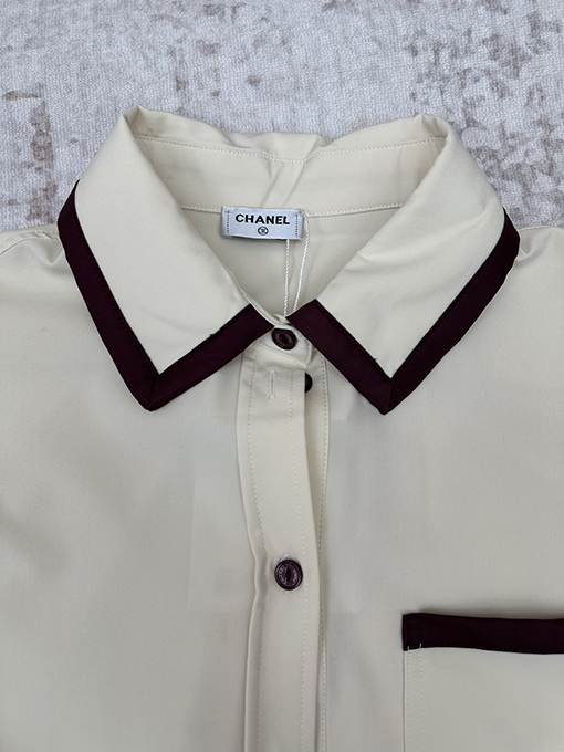 シャネルスーパーコピー 春夏レディースプレビューコレクションカラーブロックボタン付きシルクコットンプリント長袖シャツ