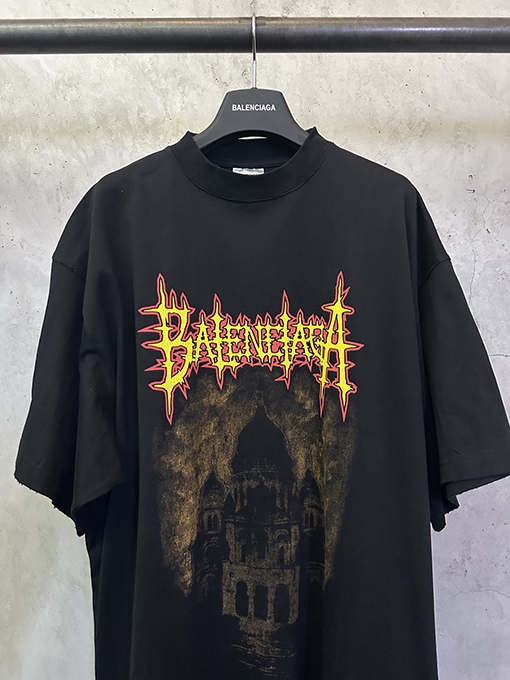 バレンシアガブランドスーパーコピー Balenciaga ファッションノートルダム大聖堂のクラックルプリント半袖Tシャツ