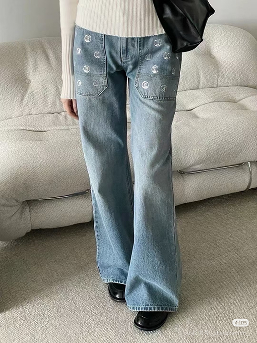 ルイヴィトンコピー レディースポケット付きレター柄スパンコールジャカードハイウエストフレアジーンズ