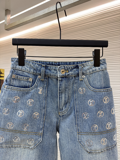 ルイヴィトンコピー レディースポケット付きレター柄スパンコールジャカードハイウエストフレアジーンズ