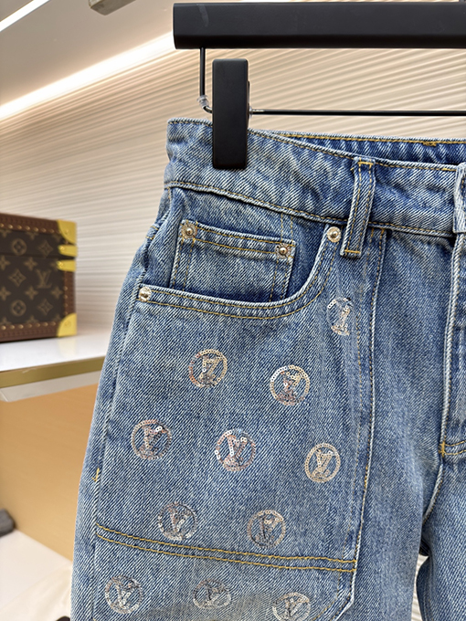 ルイヴィトンコピー レディースポケット付きレター柄スパンコールジャカードハイウエストフレアジーンズ